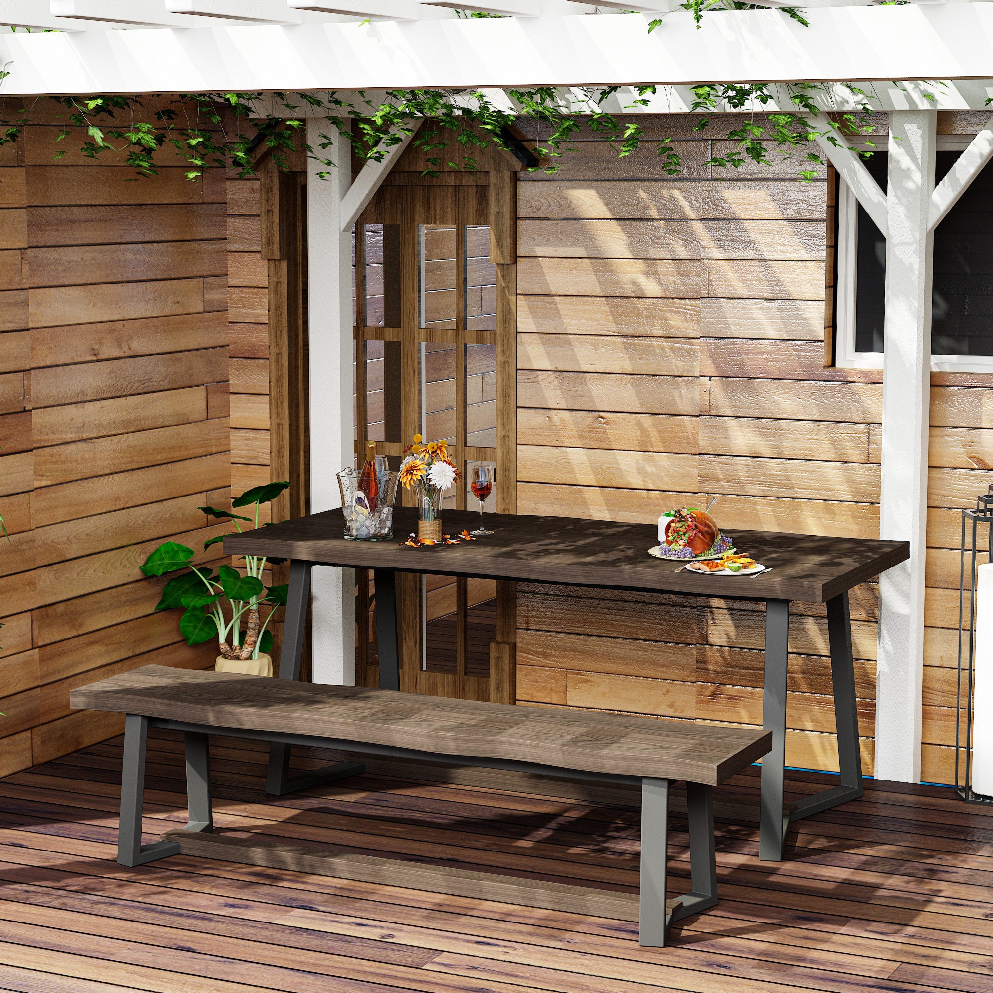 Wood Patio Dining Set with Bench