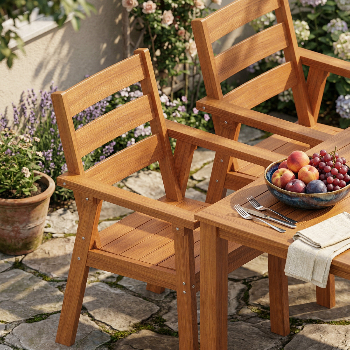 Wood outdoor dining set with rectangular table and matching armchairs