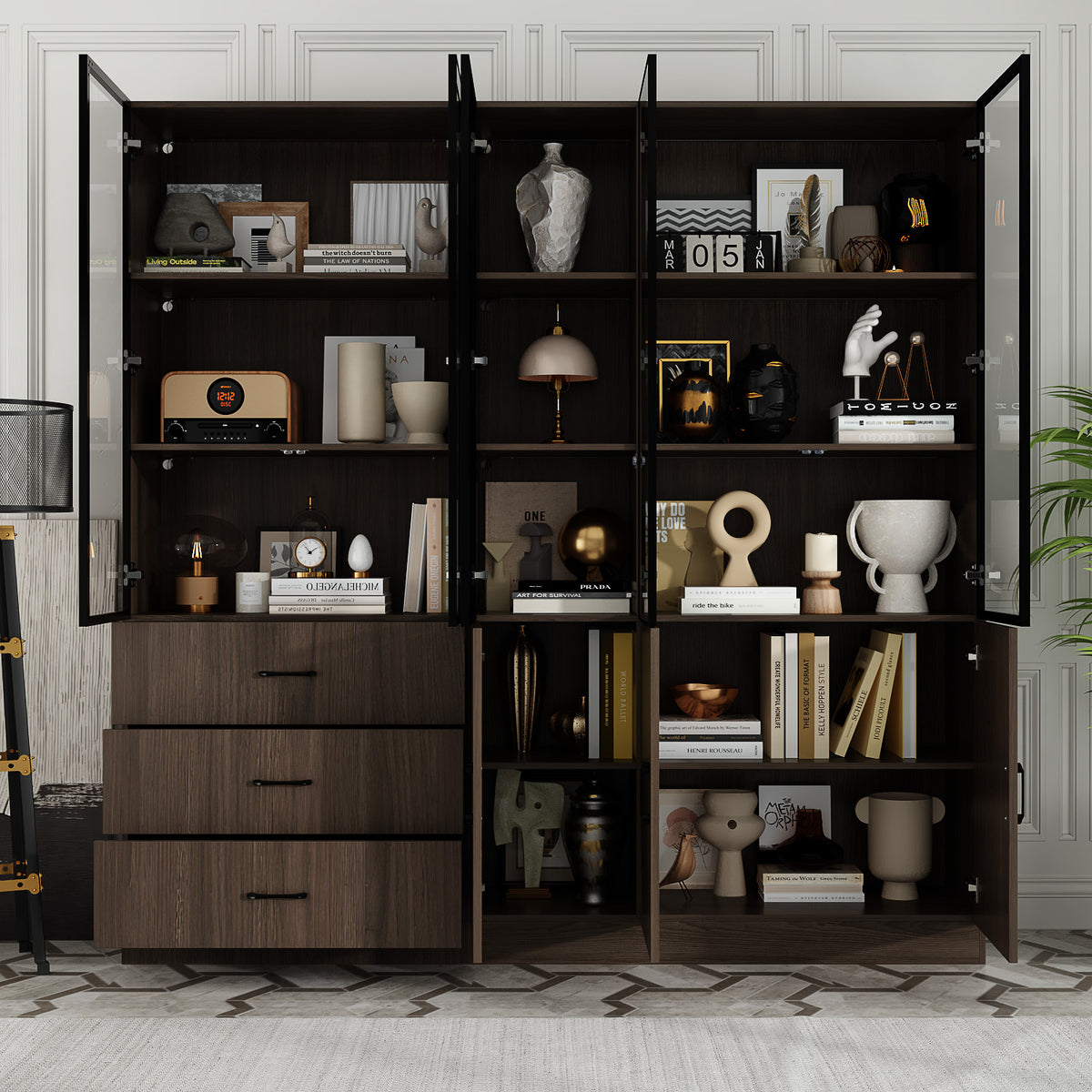 Geyma 78.7" Modern Brown Display Case with LED Lights & 4 Tempered Glass Doors