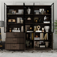 Geyma 78.7" Modern Brown Display Case with LED Lights & 4 Tempered Glass Doors