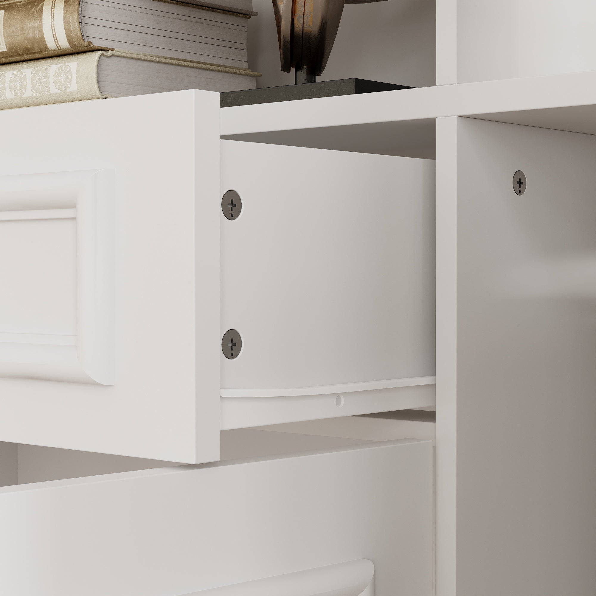 White bookcase set with glass doors, lower cabinets, and center open shelves
