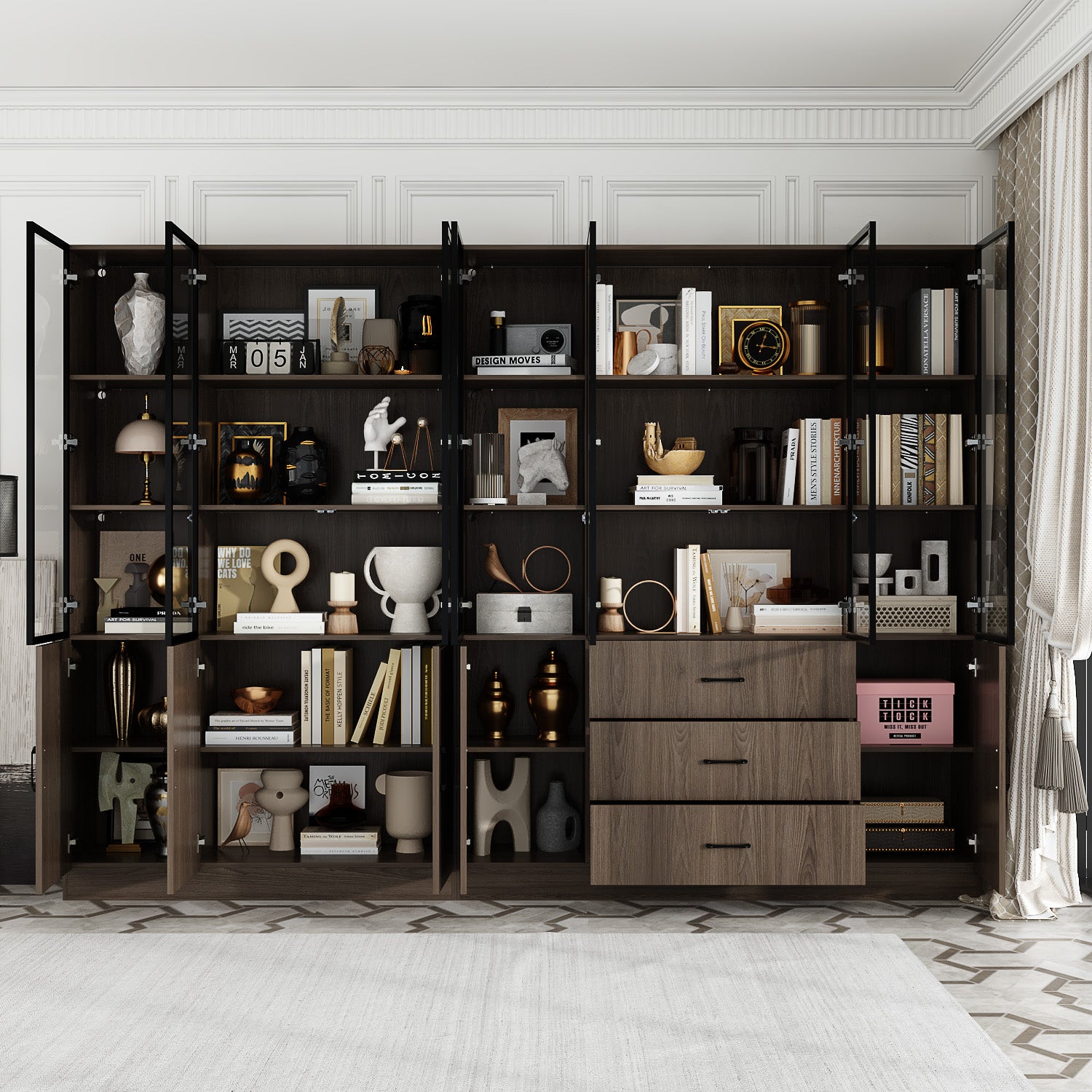 110.2'' W Glass Doors Display Case Curio Cabinet With Drawers ,Shelves,LED Lights