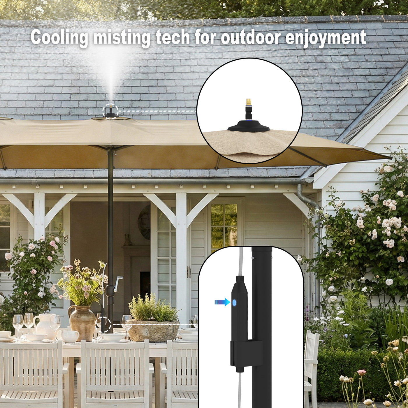 118" Double-Sided Patio Umbrella with Misting System  and Base