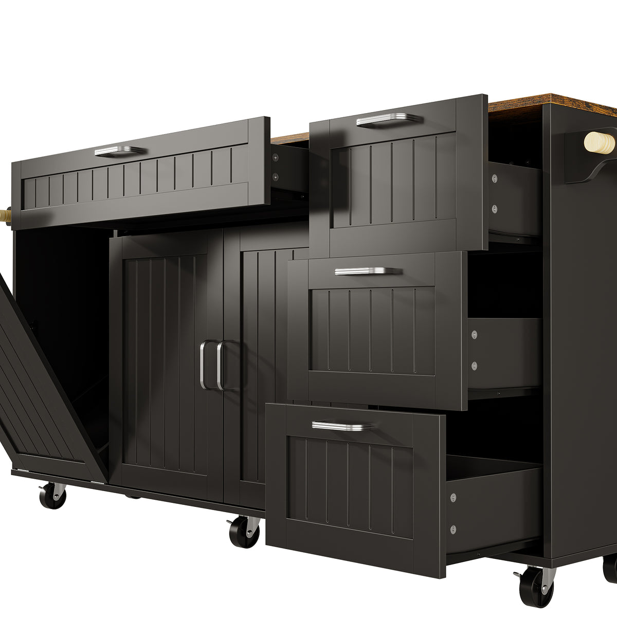 Black kitchen island with wood top, drawers, cabinet doors, towel bar, and wheels