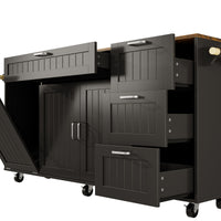 Black kitchen island with wood top, drawers, cabinet doors, towel bar, and wheels