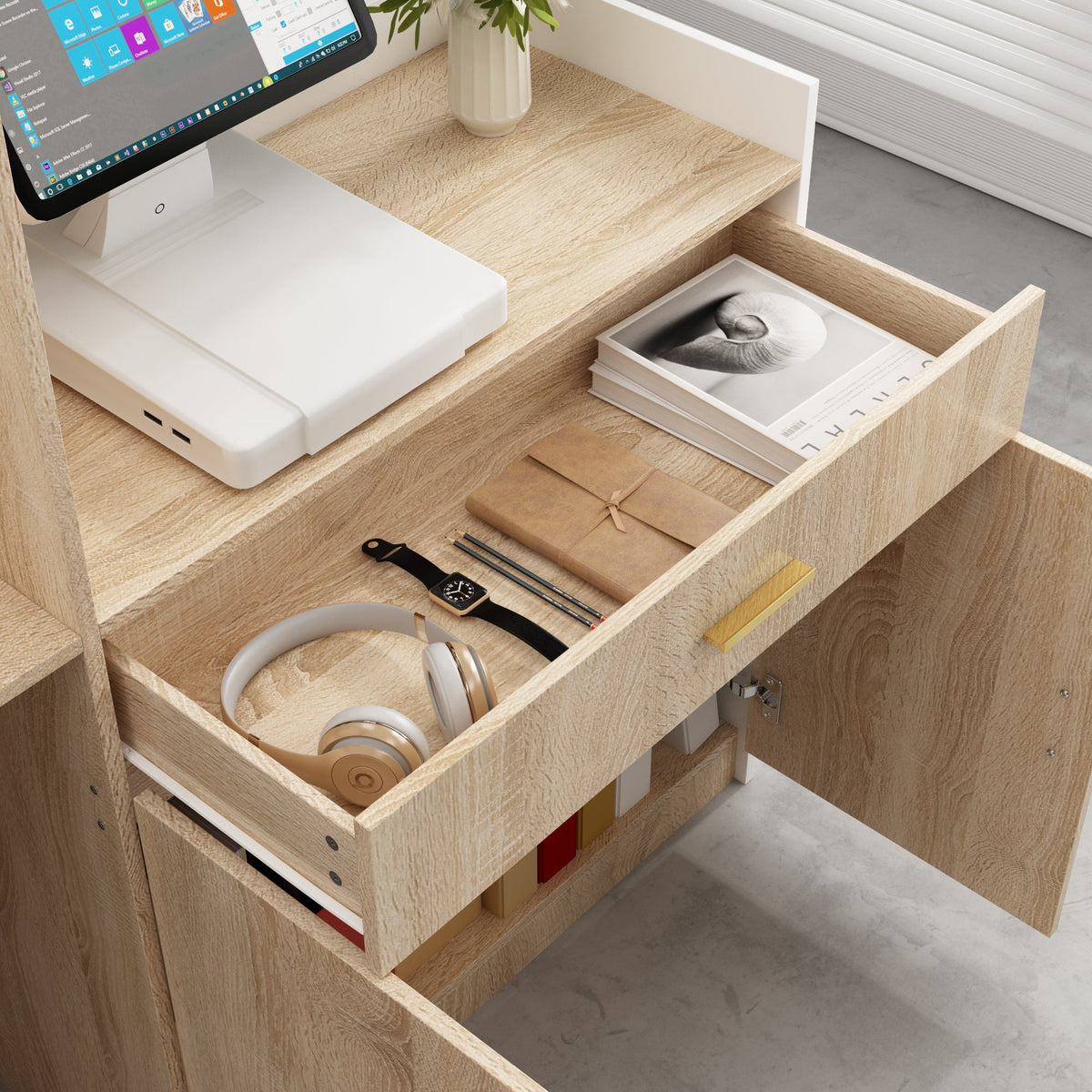 87.2" Modern Minimalist Natural Reception Desk With Drawer And Keyboard Tray