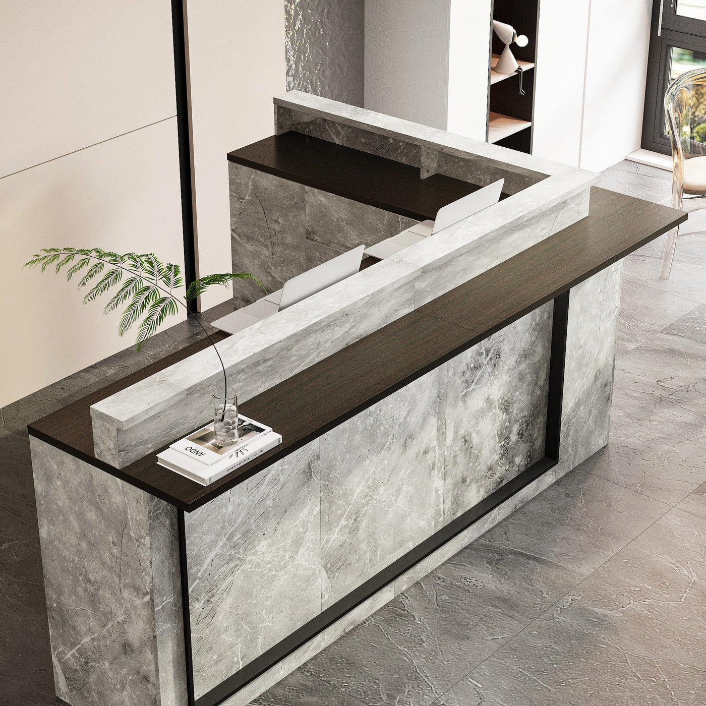 Modern reception desk with marble finish in an office setting
