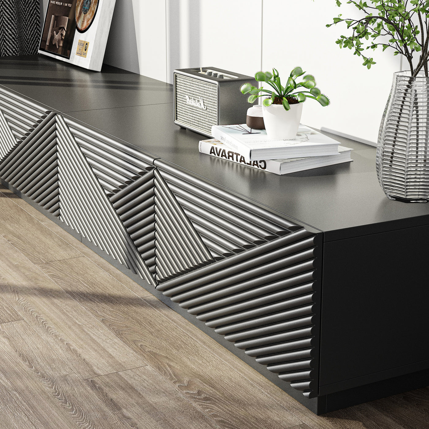 78.7" Modern Black Media Console TV Stand with Drop-Down Doors