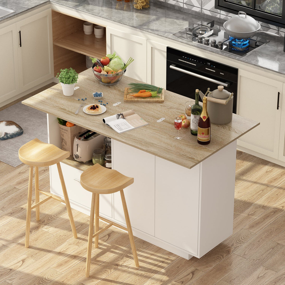 Kitchen Island with Open Storage and Adjustable Shelf Modern Style