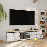 94.5" Modern White Extra Long Barn Door TV Stand with 4 Drawers, Sliding Doors and Adjustable Shelves
