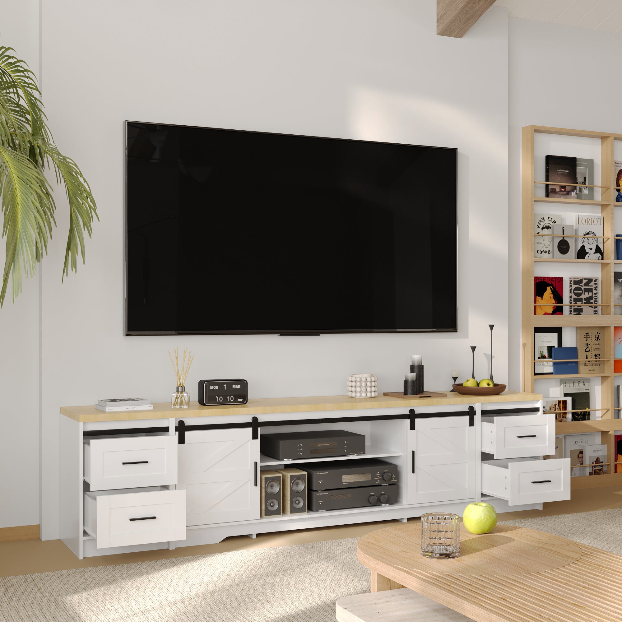 94.5 inches Modern White Extra Long Barn Door TV Stand with 4 Drawers, Sliding Doors and Adjustable Shelves