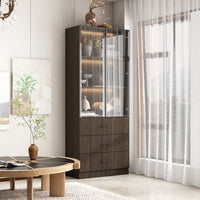 Geyma 31.5" Modern Brown Display Cabinet with Glass Doors, LED Lights and 3 Drawers