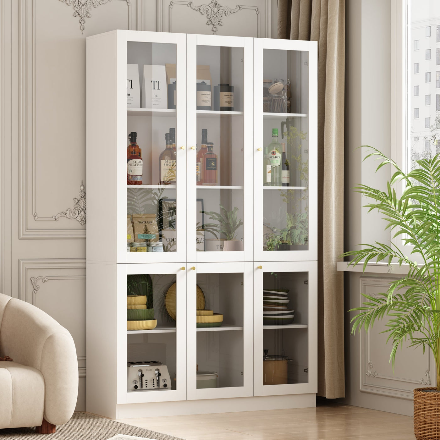 47.2" Modern White Tall Bookshelf with 6 Glass Doors and Gold Conical Handles
