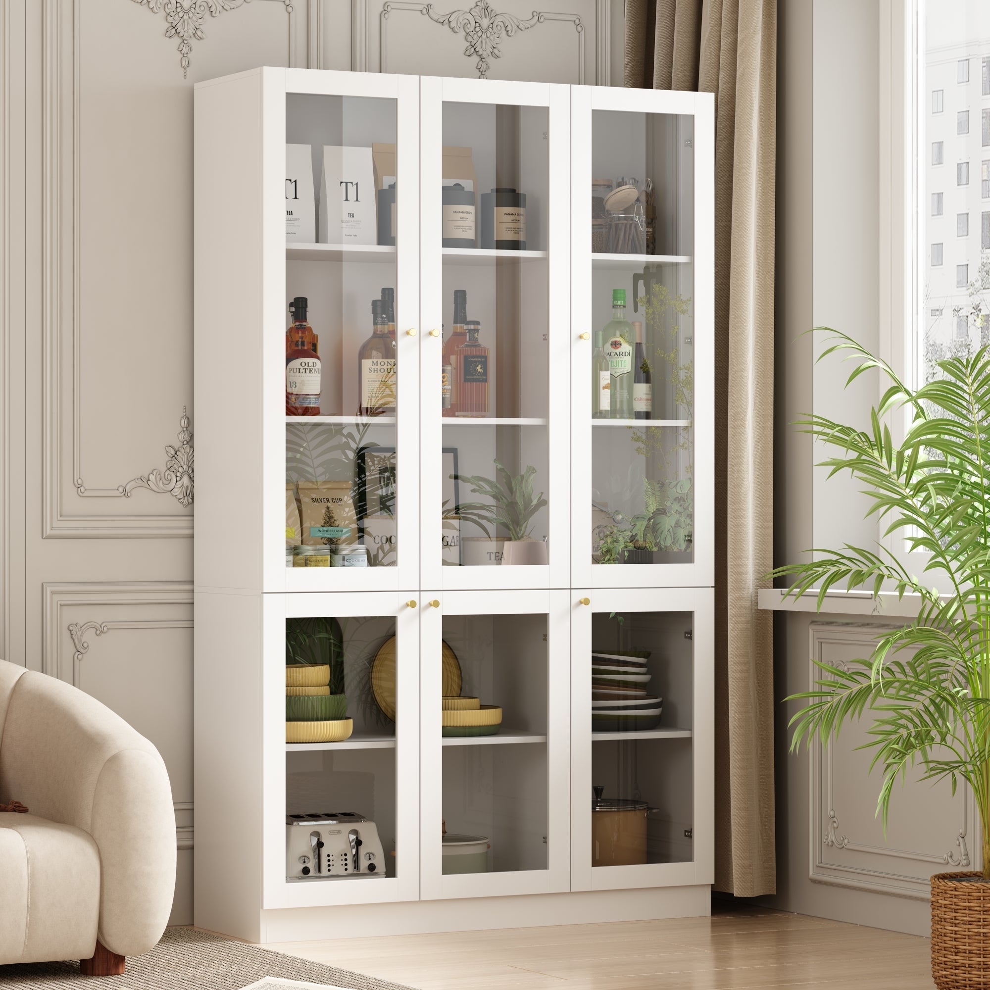 47.2 inches Modern White Tall Bookshelf with 6 Glass Doors and Gold Conical Handles