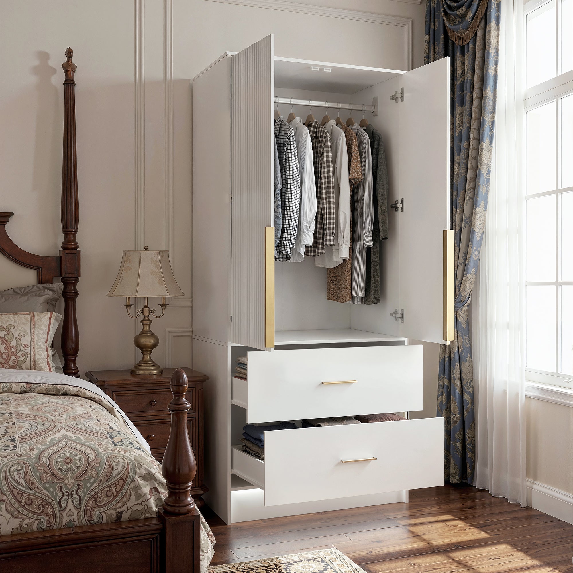 White Mirror Armoire with 2 Drawers and LED Base