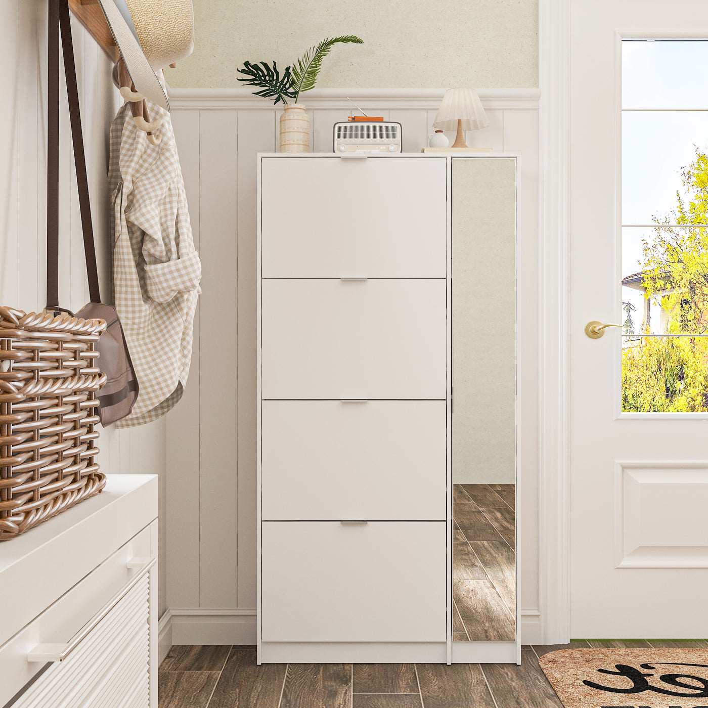 31.5" Modern White Flip-Down Shoe Cabinet with 3 Tiers & 28 Pair Capacity