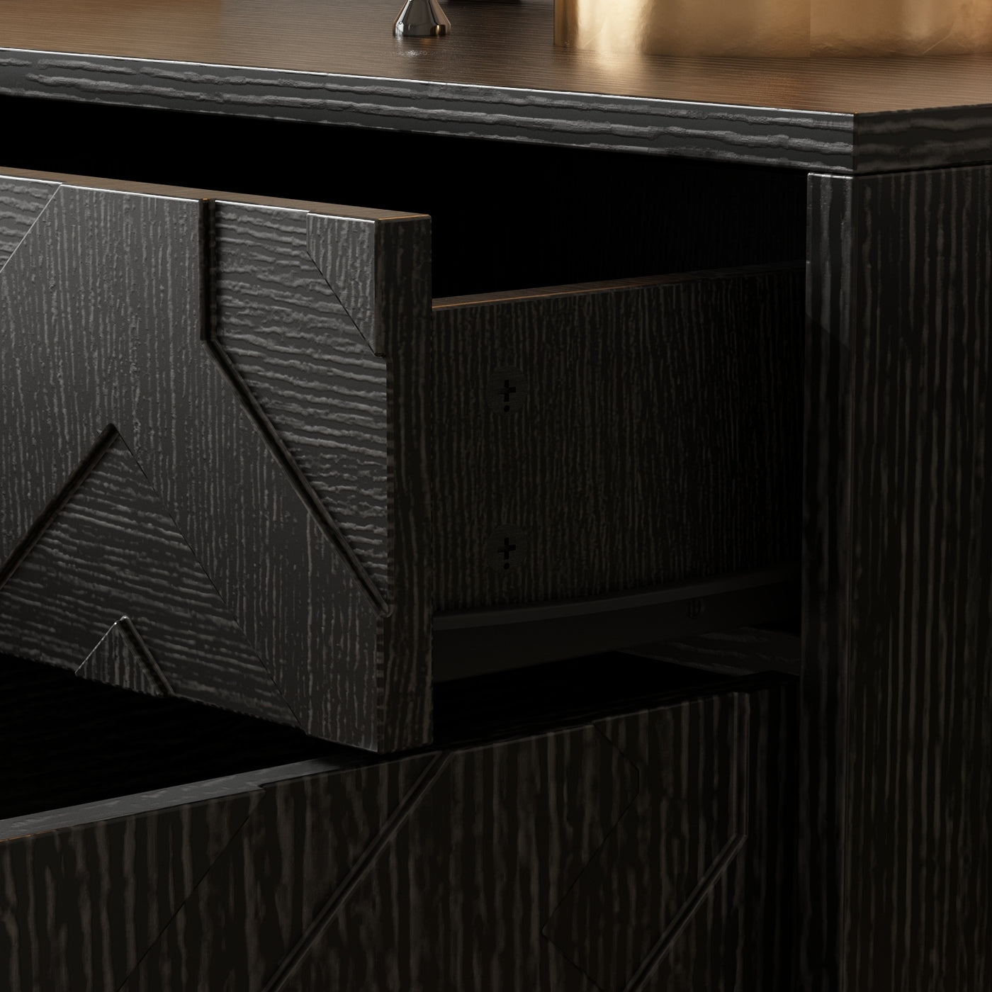 47.2" Rustic Black Embossed Accent Cabinet with 3 Drawers and Adjustable Shelves
