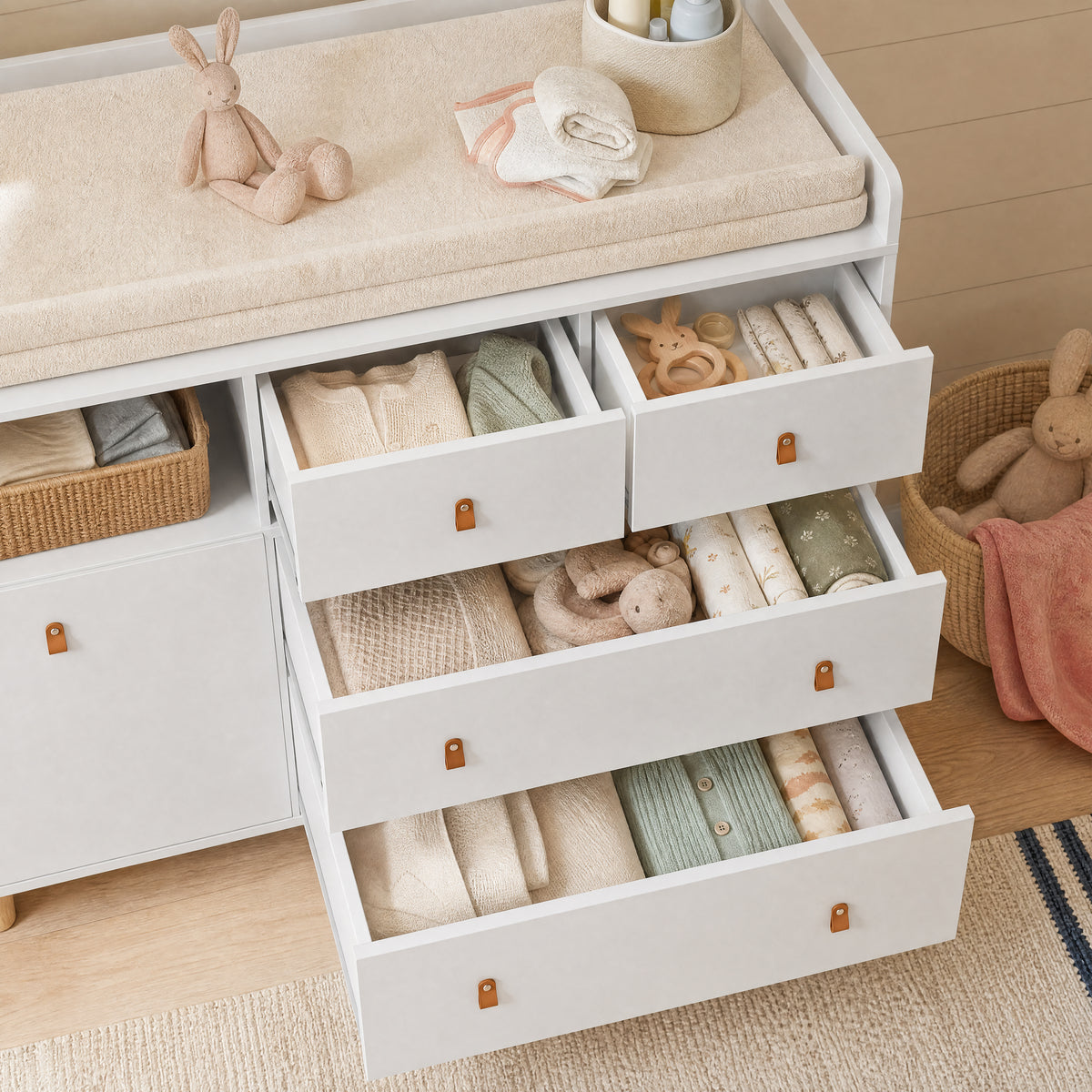 45" Modern White/Grey Changing Table Dresser with 4 Drawers and Open Shelf