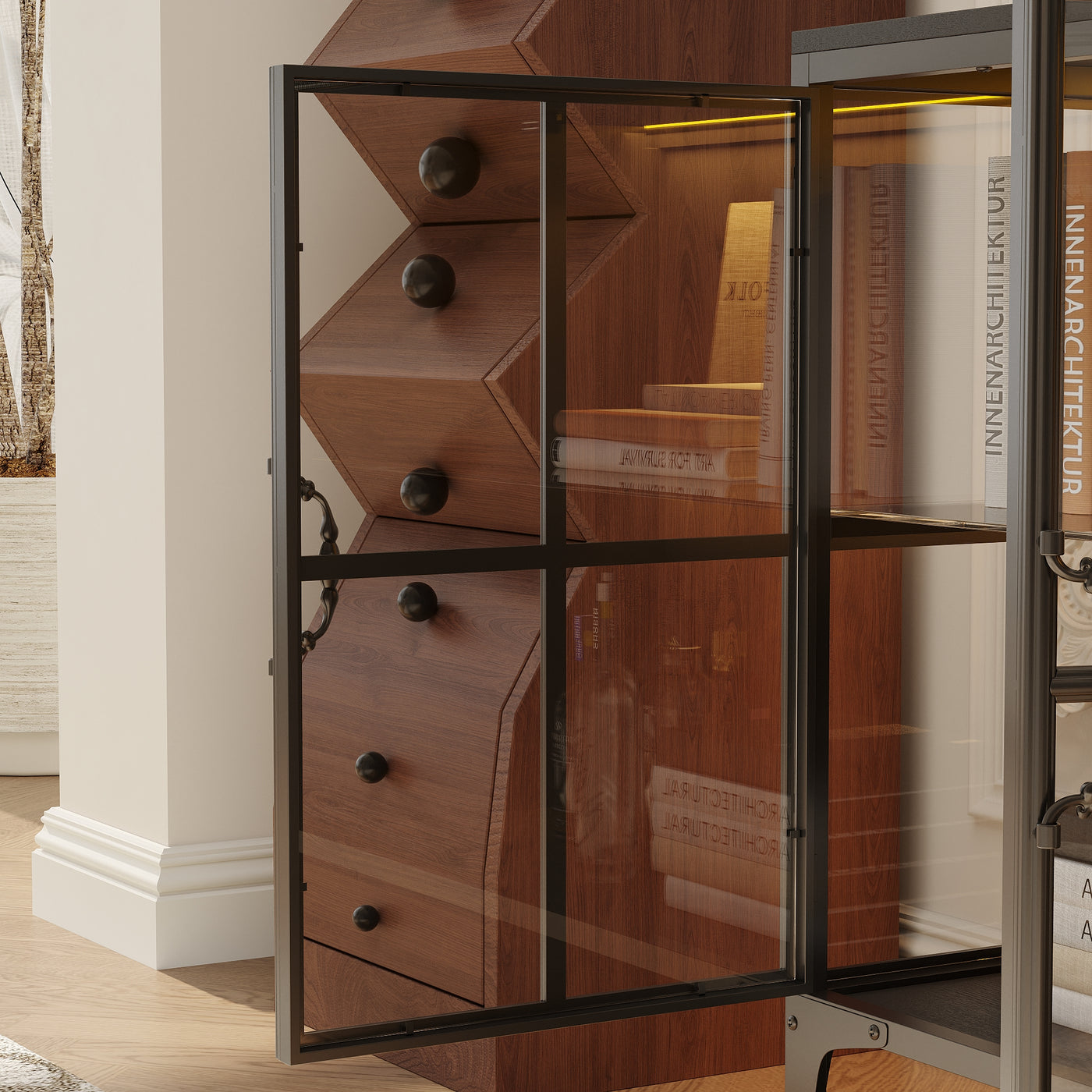 Wooden cabinet with glass doors in a room setting
