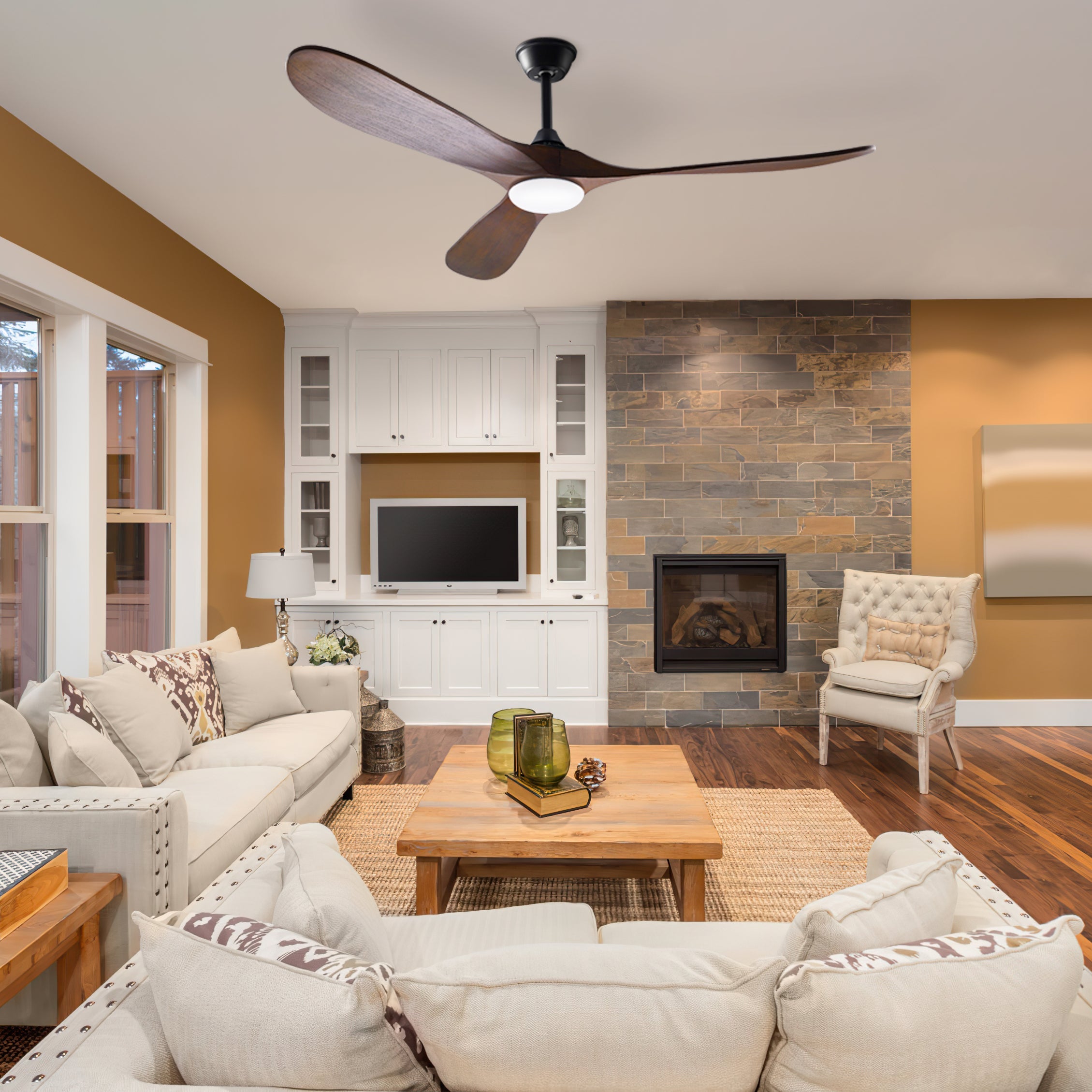 Ceiling Fan with Lights Remote Control 3 Reversible Wood Blades 2 Down Rods