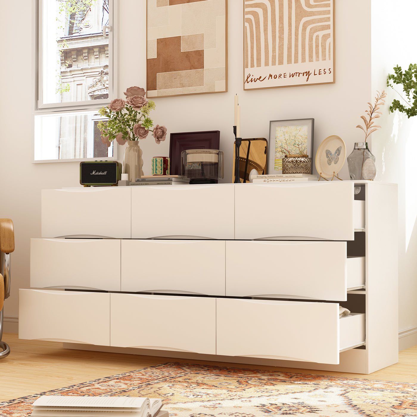 63" Elegant White 9-Drawer Dresser with Recessed Pulls