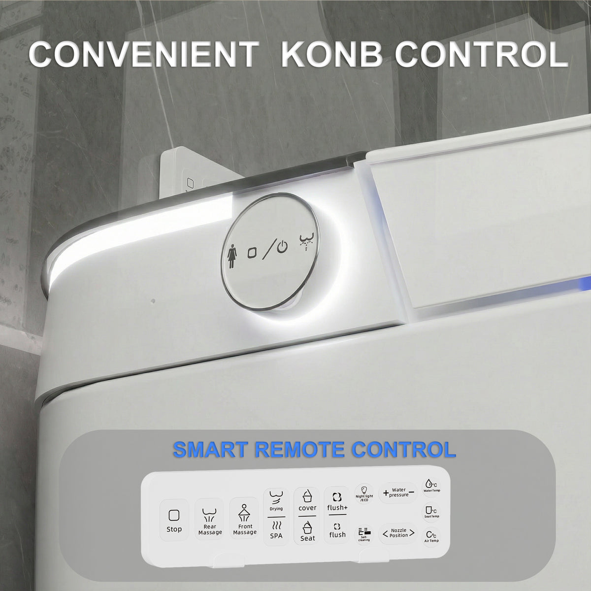 White smart toilet with closed lid, digital display, and built-in bidet