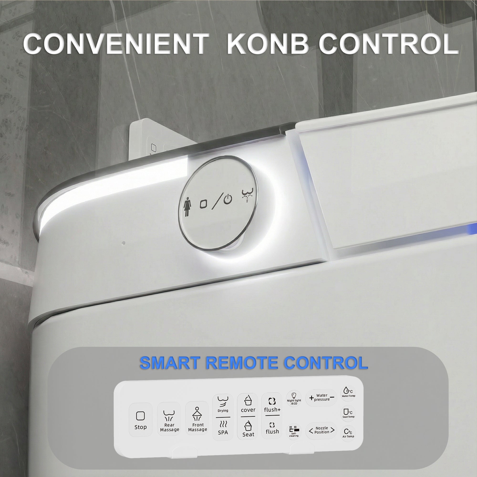 White smart toilet with closed lid, digital display, and built-in bidet