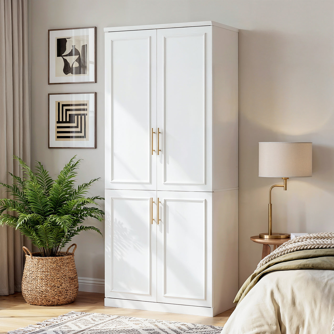 Rena 31.7" Modern White 4-Door Armoire with Hanging Rod