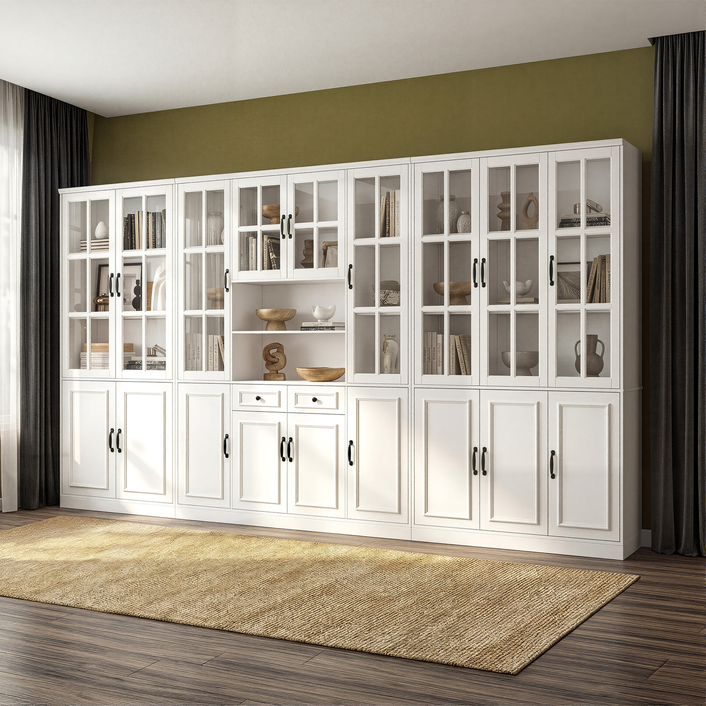 Sofna 141.7" Extra Wide White Filing Storage Cabinet with 9 Glass Doors and 2 Drawers