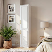 Rena 15.7" Modern White Compact Wardrobe with Dual Doors, Golden Handles and Multiple Storage Sections