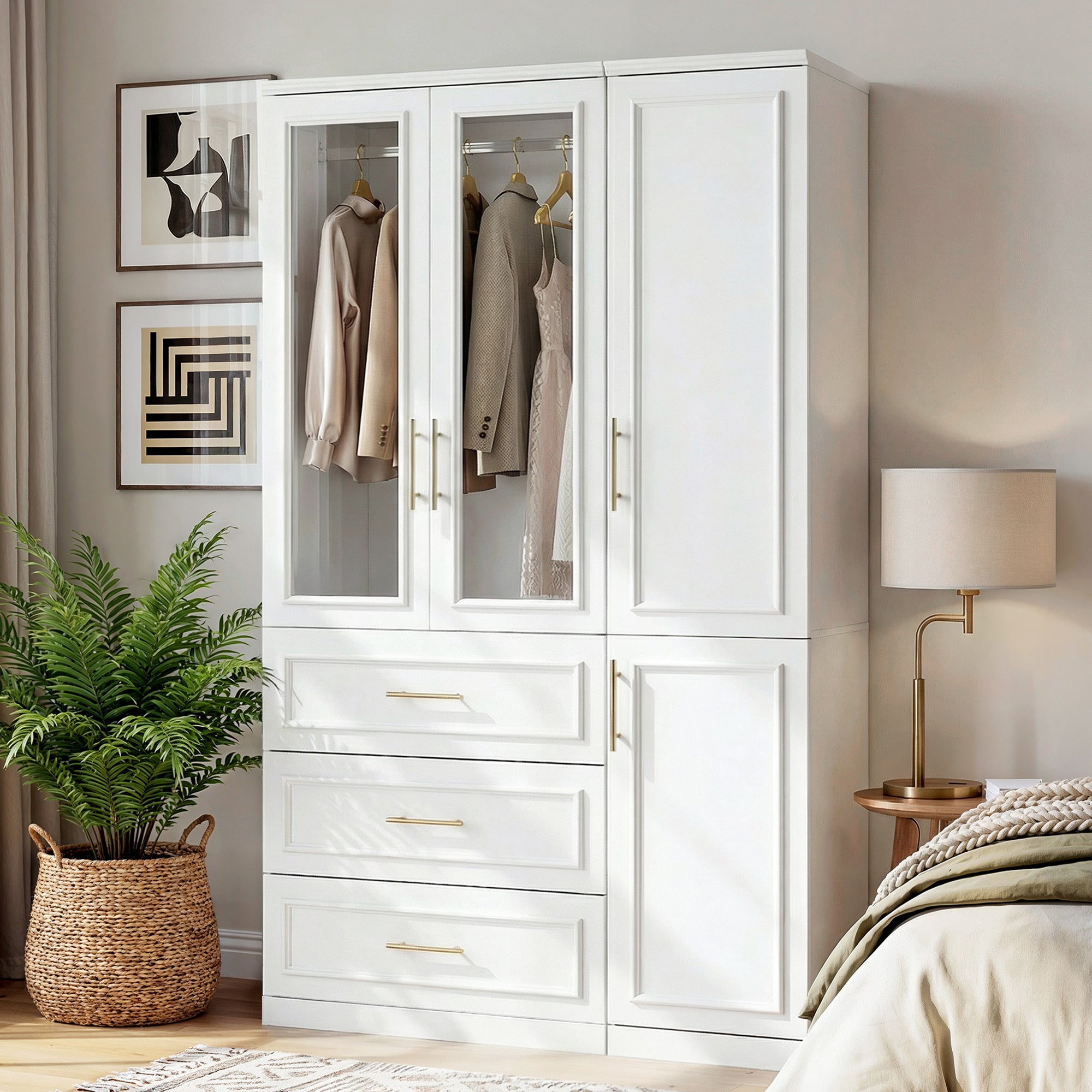 74.9"H Bedroom Armoire with Glass Doors, 3 Drawers & Hanging Rod for Organized Clothing Storage