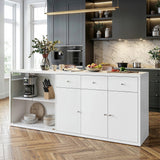 78.7 inch Contemporary White Kitchen Island with Tempered Glass Door & 3 Drawers