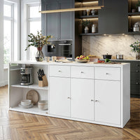 78.7" Contemporary White Kitchen Island with Tempered Glass Door & 3 Drawers