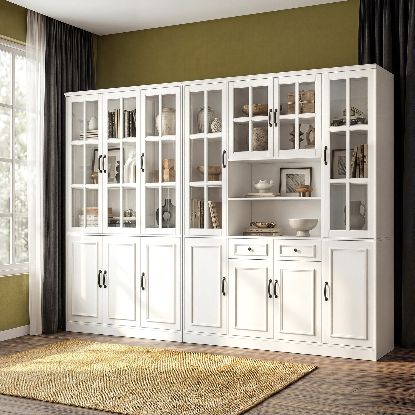 Sofna 110" Elegant Large White Standard Storage Bookcase with Glass Doors