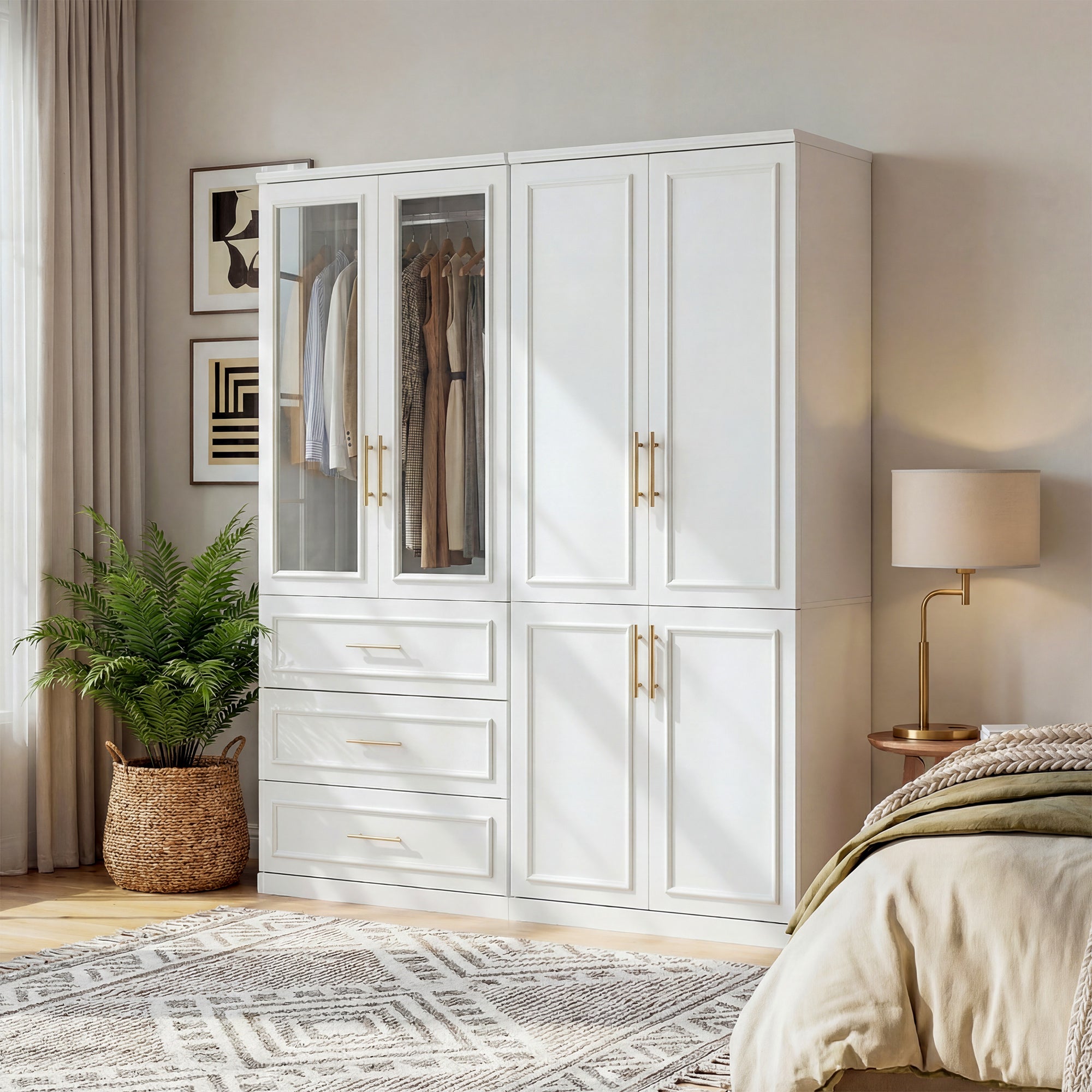 63.3 inch Luxe White Armoire with 6 Doors and 3 Drawers