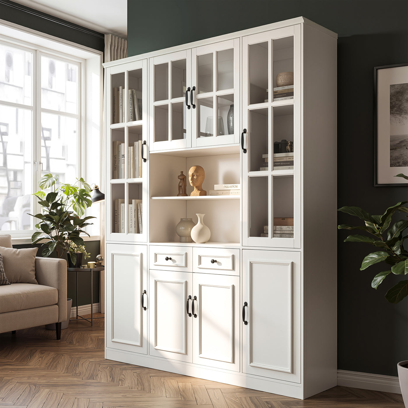 Sofna 63" Modern White 2-Drawer Bookcase with Glass Doors