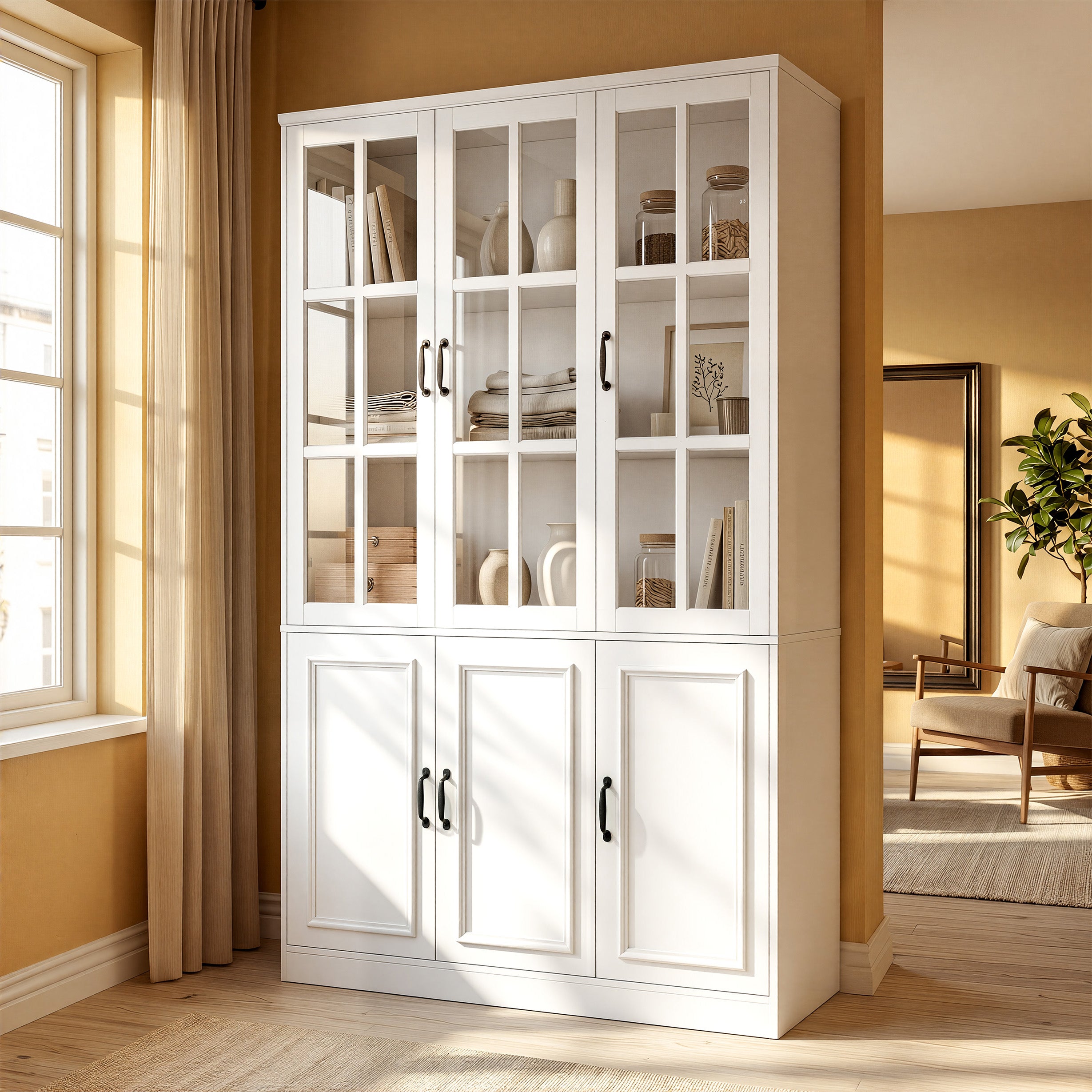47.2 inches Modern White Freestanding Wood Bookcase with 3 Glass Doors
