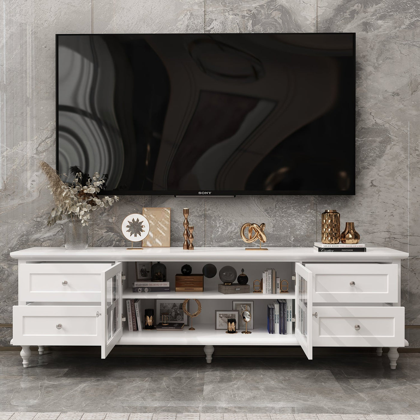 70.9" Modern Minimalist White TV Stand with Cabinets And Drawers