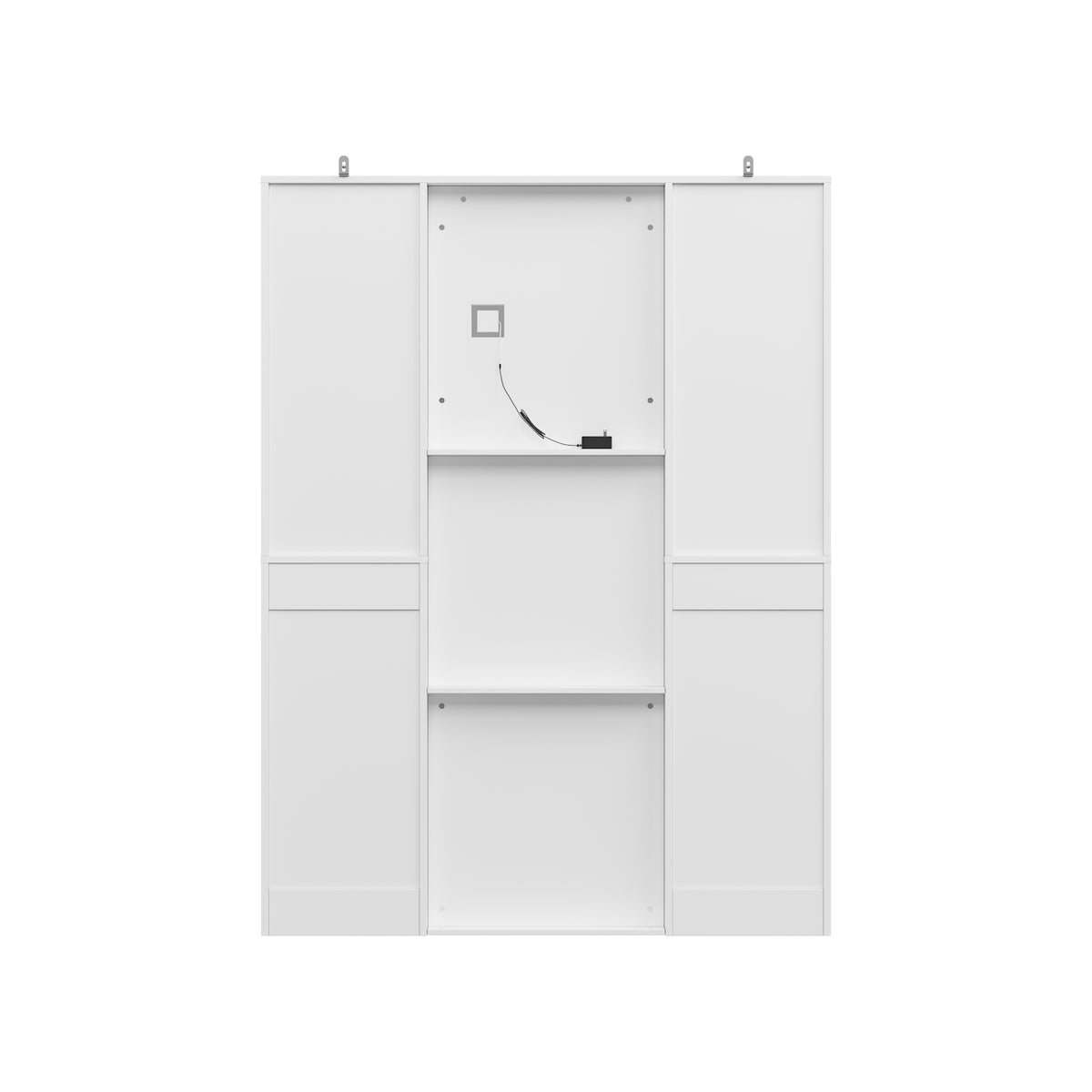 White makeup vanity with full-length LED mirror, side shelves, and drawer storage