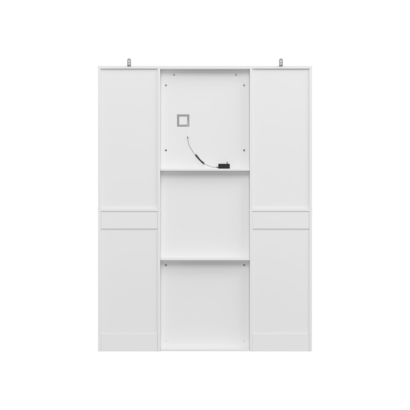 White makeup vanity with full-length LED mirror, side shelves, and drawer storage