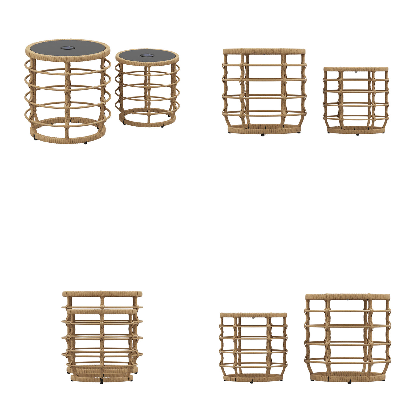 17.7" Boho Wood Solar Nesting Tables with Built-in Lights