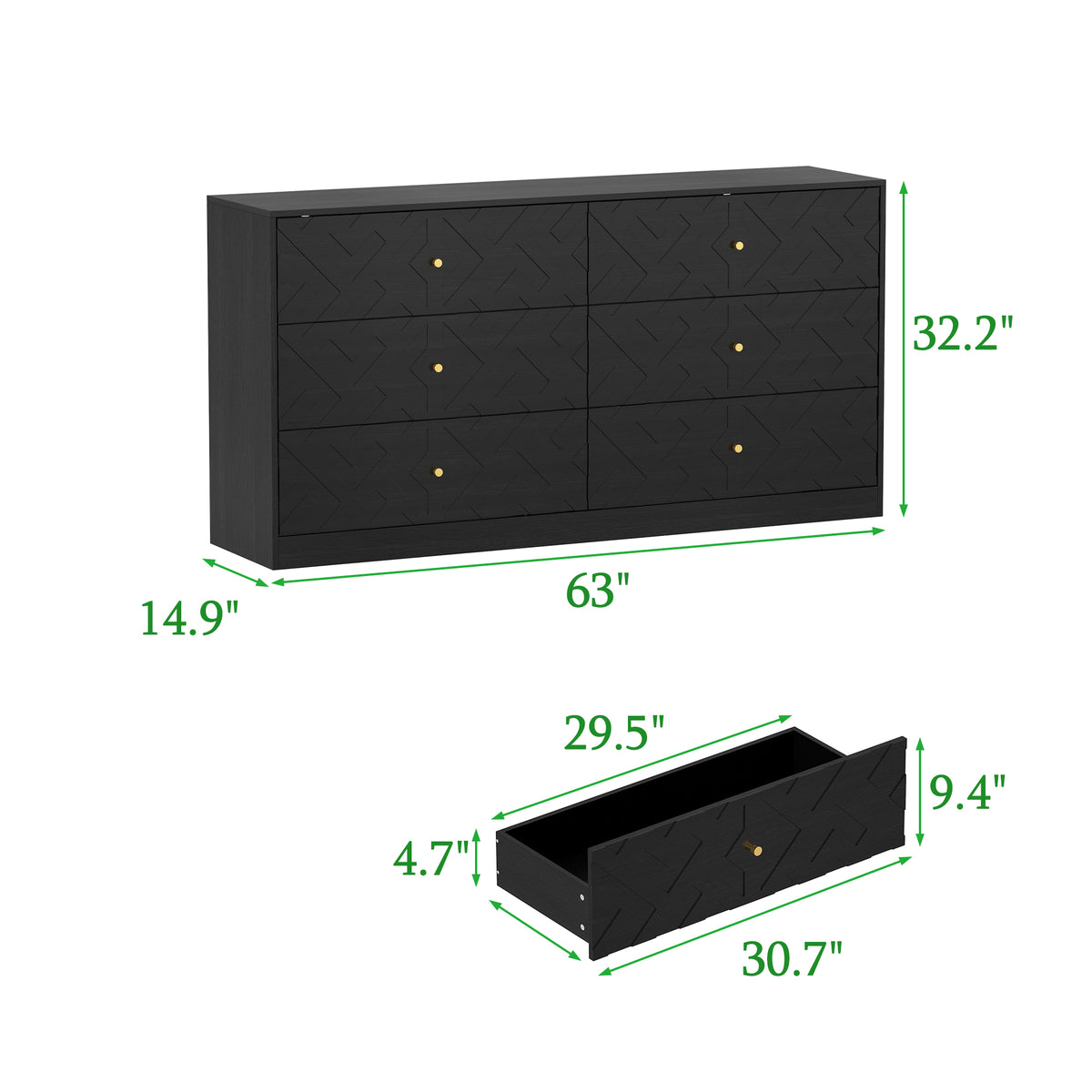63" Rustic Black 6-Drawer Dresser with Gold Knobs and Geometric Patterns