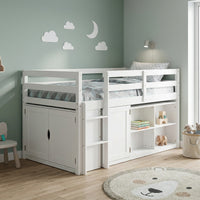 White kids loft bed with storage cabinets, shelves, and ladder