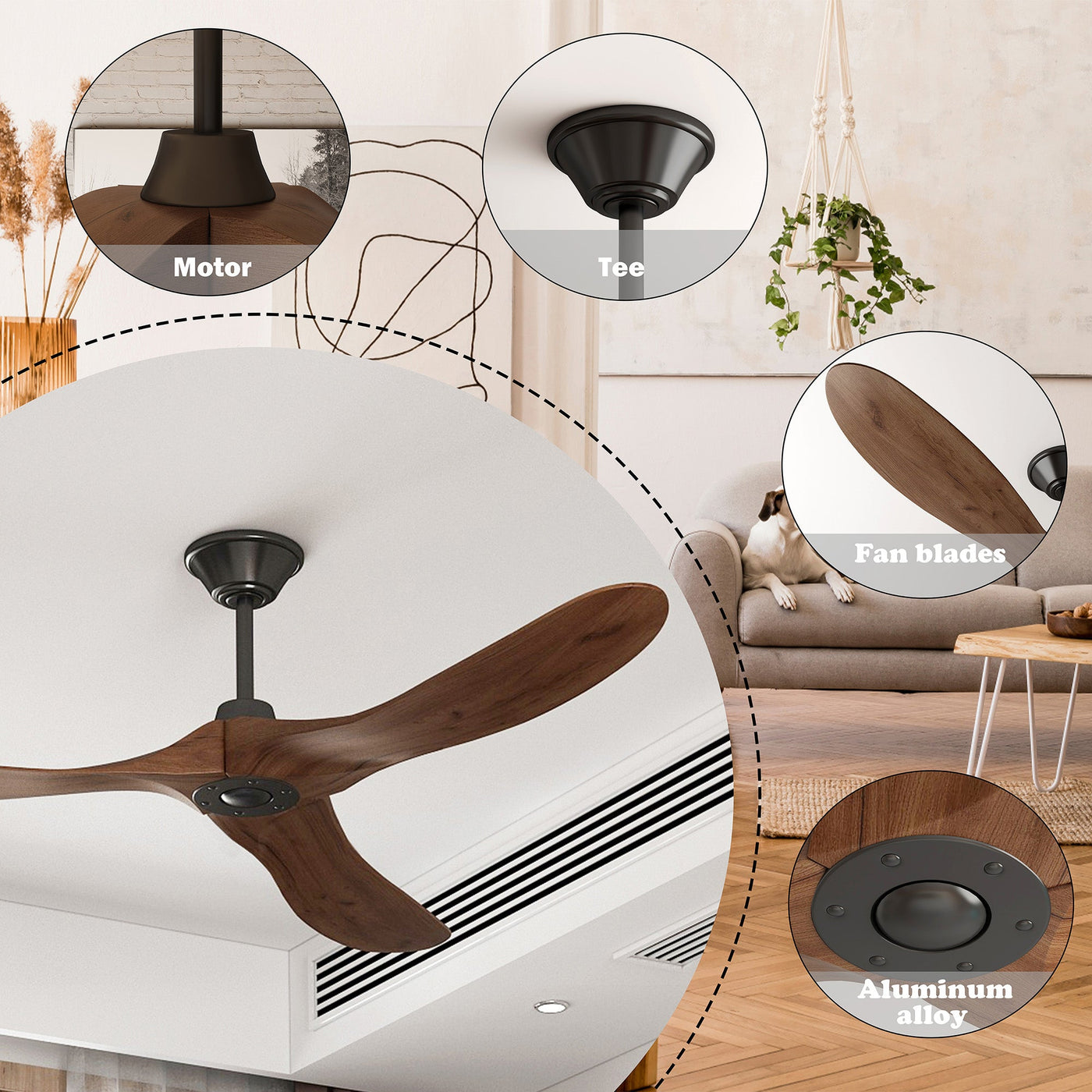 60" Modern Simple Brown Ceiling Fan With Wooden Streamline Design