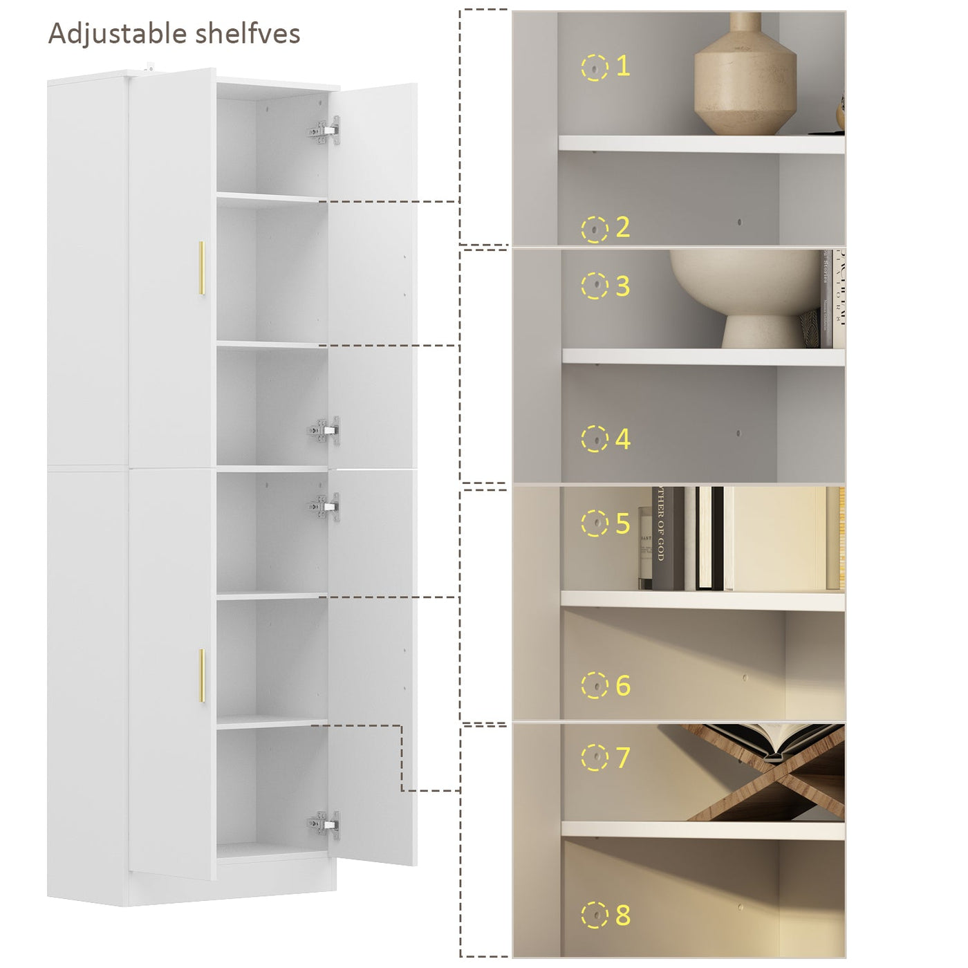 23.2" Modern Minimalist White 6-Shelf Tall Storage Cabinet with Adjustable Compartments