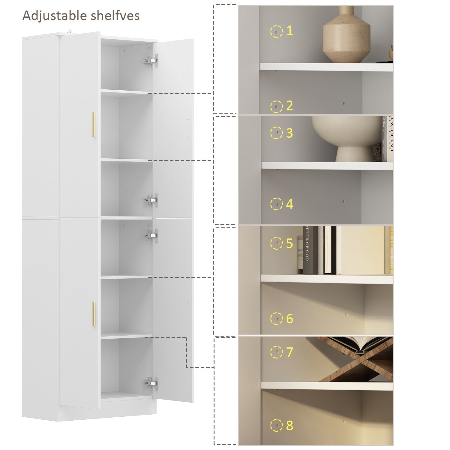 White 6-Shelf Multi-Space Storage Cabinet Tall Shelf Adjustable Compartments