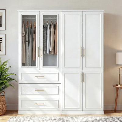 63.3 inch Luxe White Armoire with 6 Doors and 3 Drawers
