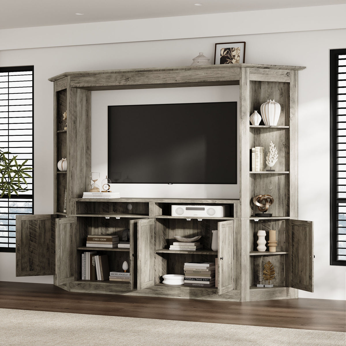 100" Modern Gray Entertainment Center with Storage Cabinets and Open Shelves