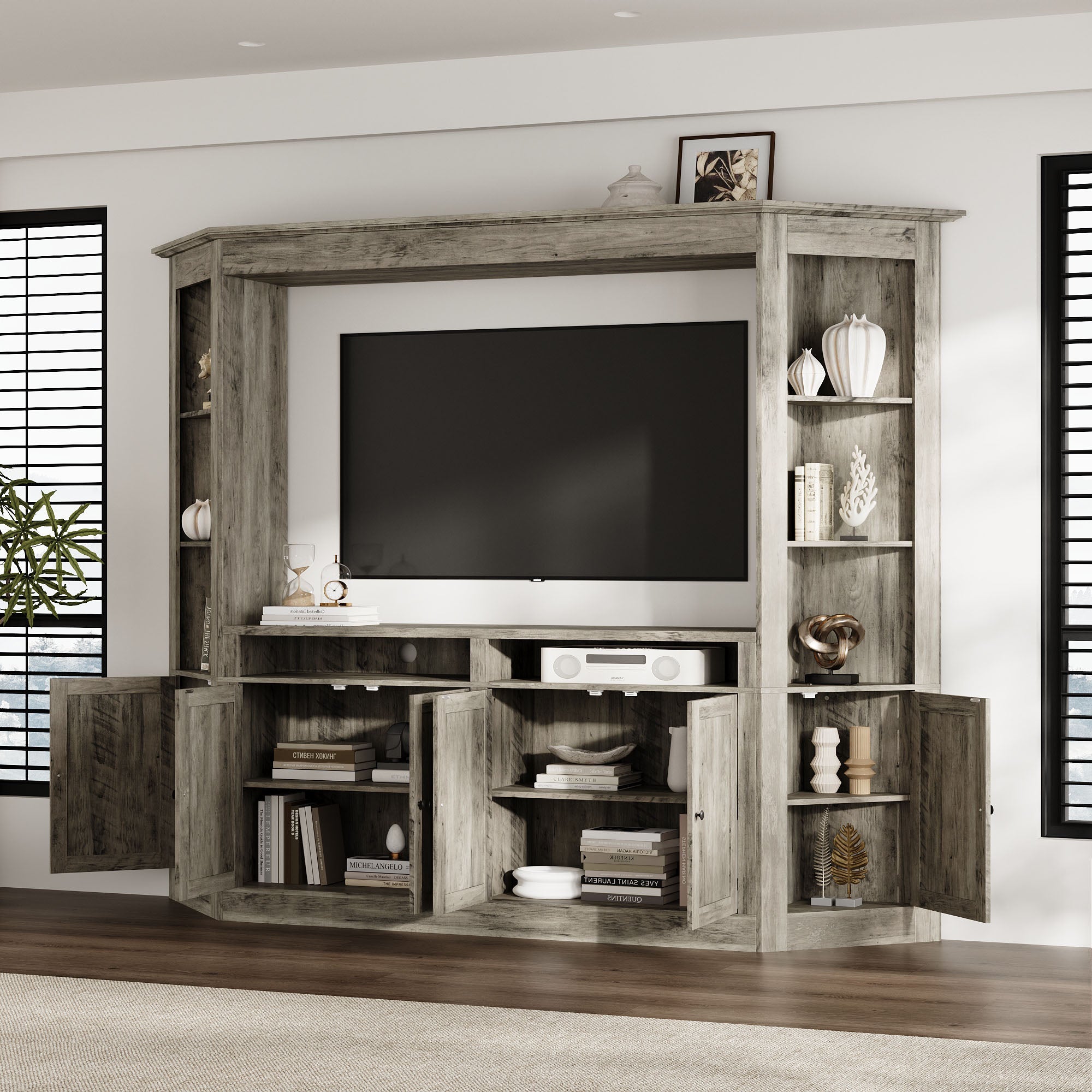100'' Entertainment Center With Storage Cabinets & Open Shelves