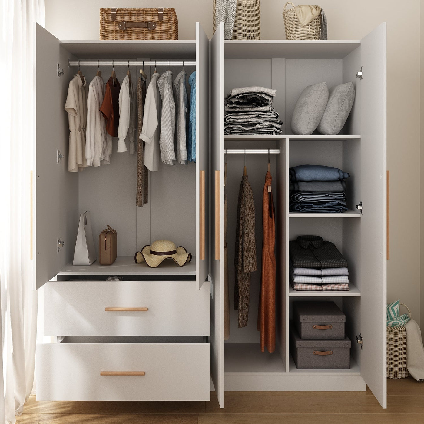 Armoire Solid Wood Clothes Organizer Storage Cabinet 4-Door Wardrobe Family Closet